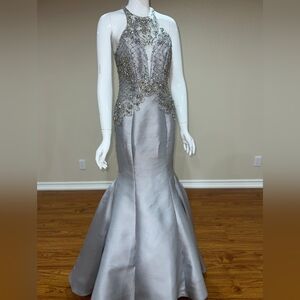 Elegant Silver Gown with Beaded Details